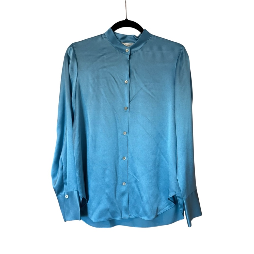 Vince Silk Slim-Fitted Band Collar Blouse Blue Small